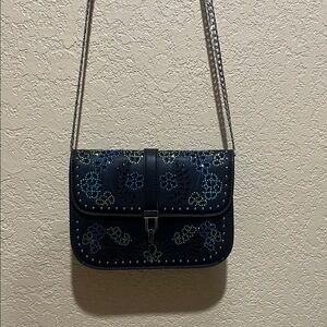 Topshop Navy Crossbody with Iridescent, Embellished Floral Studs